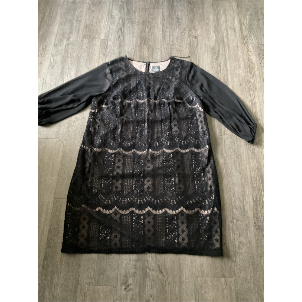 Adrianna Papell Woman 24W Black Lace Dress Tan Lining Long Sleeve Knee Length